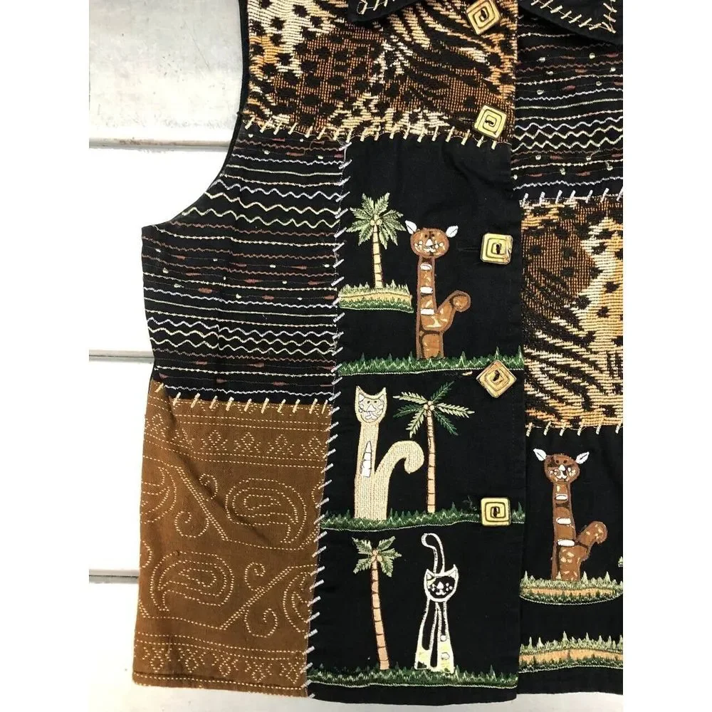 Life Style Vest Womens Small Black Button Up Animal Print Safari Cats Embroidery